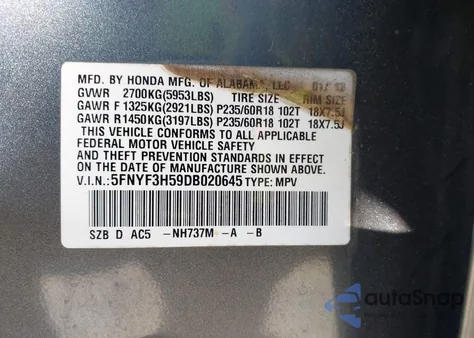 2013 Honda Pilot Ex-L z USA, uszkodzony, nr VIN 5FNYF3H59DB020645